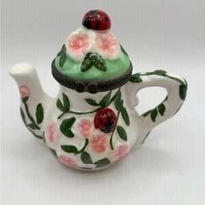 Retro Trinket Box Teapot Ladybug Floral Motif Keepsake 3.5"H x3W Floral Teapot
